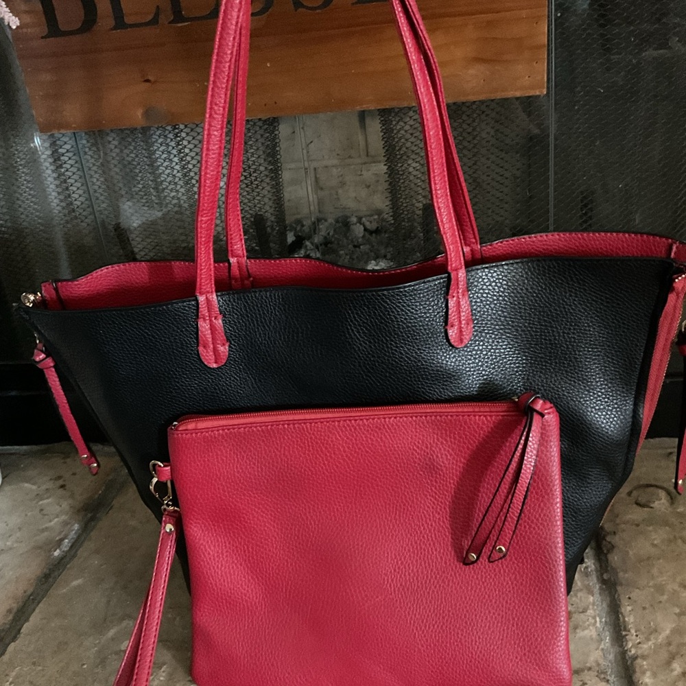 Stylish Black and Red Reversible Women's Tote Bag Set